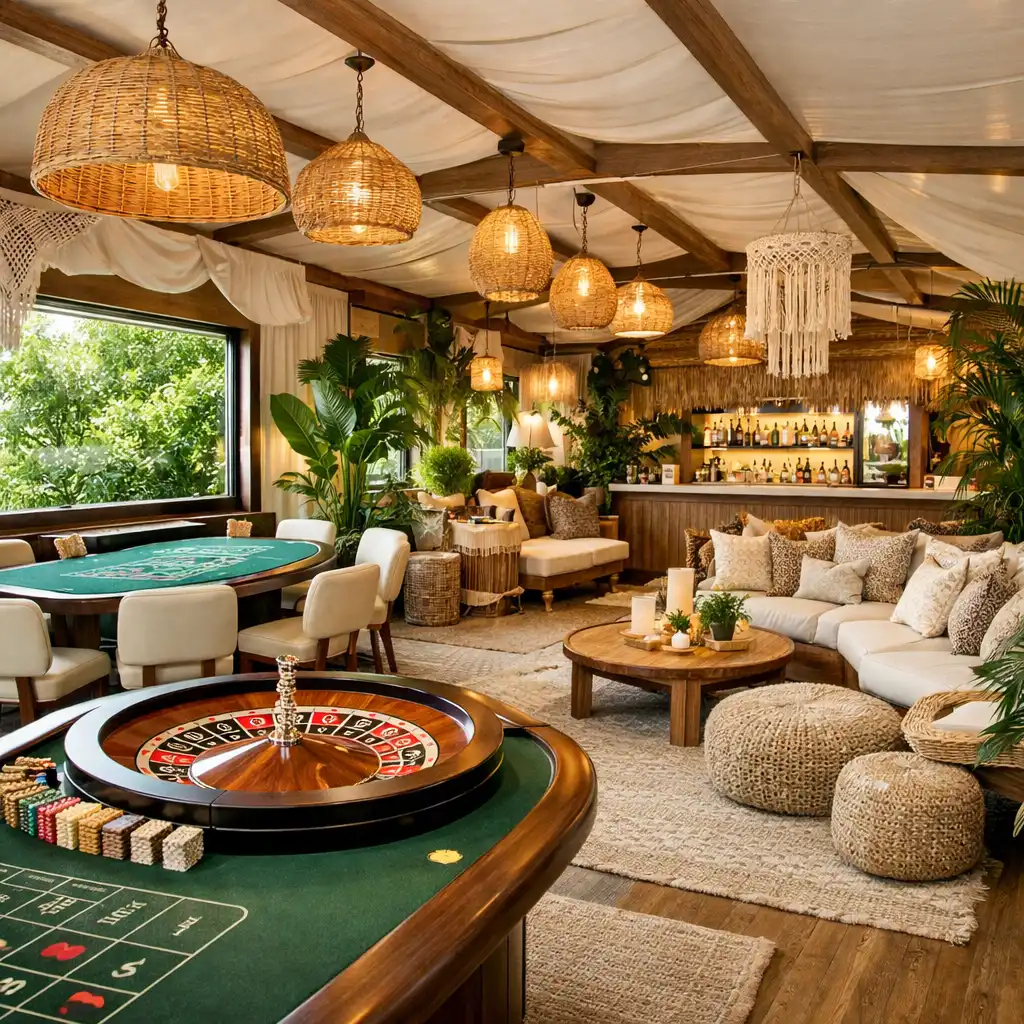 Boho chic casino lounge z roślinami, miękkimi sofami i stołami do gry