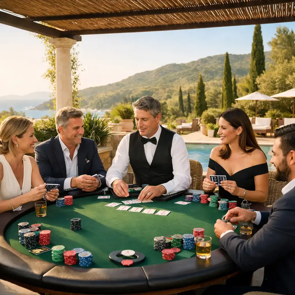 Stylowy, otwarty stół pokerowy podczas eleganckiego eventu firmowego na świeżym powietrzu