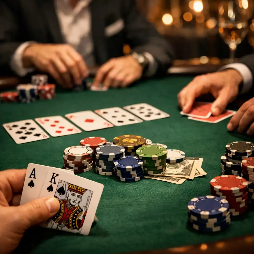 Dynamiczna akcja przy stole pokerowym podczas wieczoru eventowego